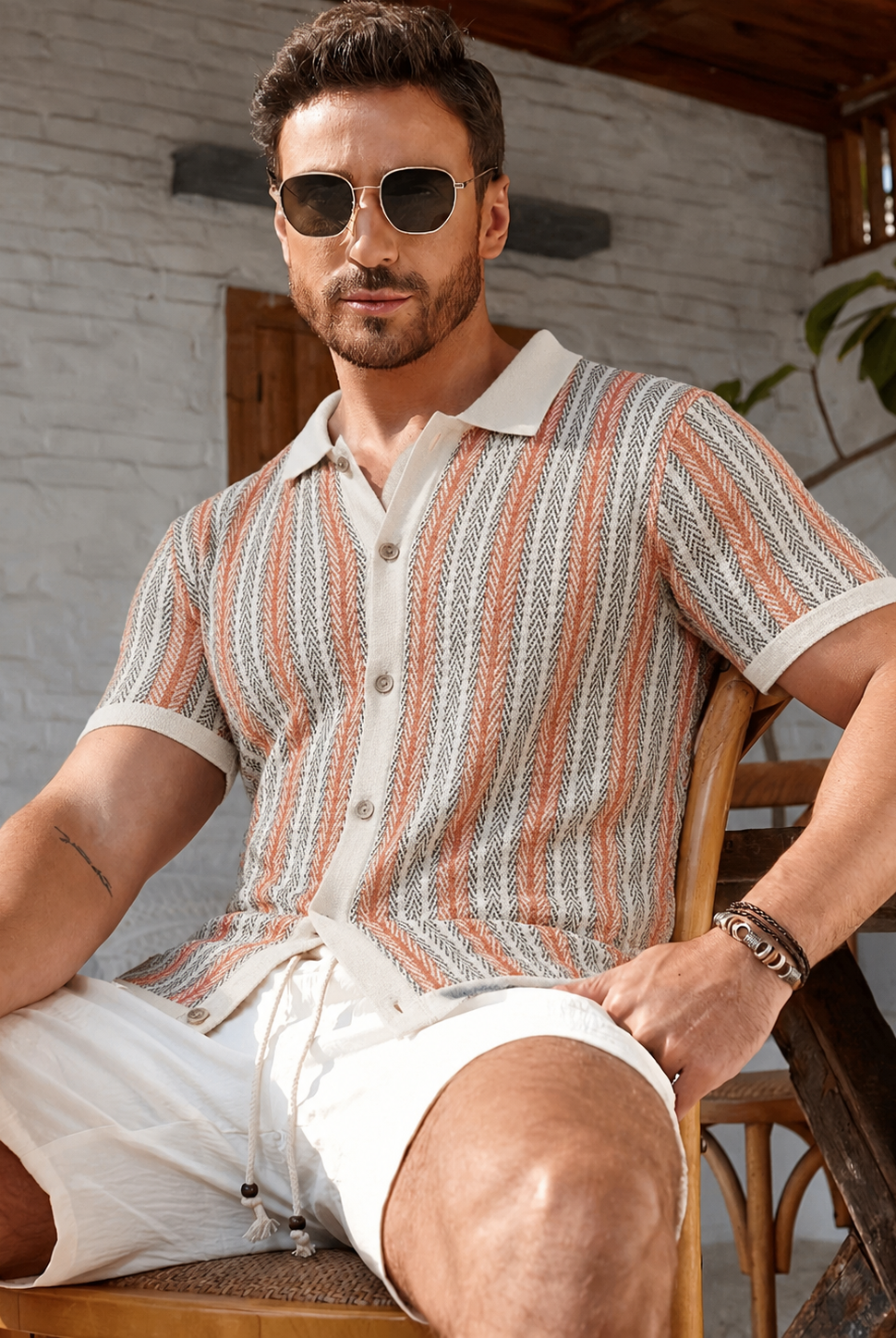 Camisa de Punto Estampada Rayas Hombre Cuello Polo