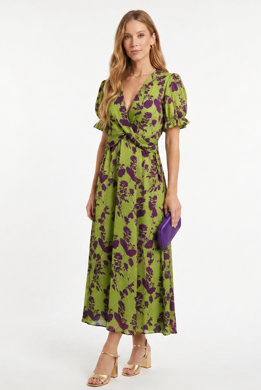 Esperanza | Vestido Elegante de Invitada Estampado Floral Mujer Manga Abullonada