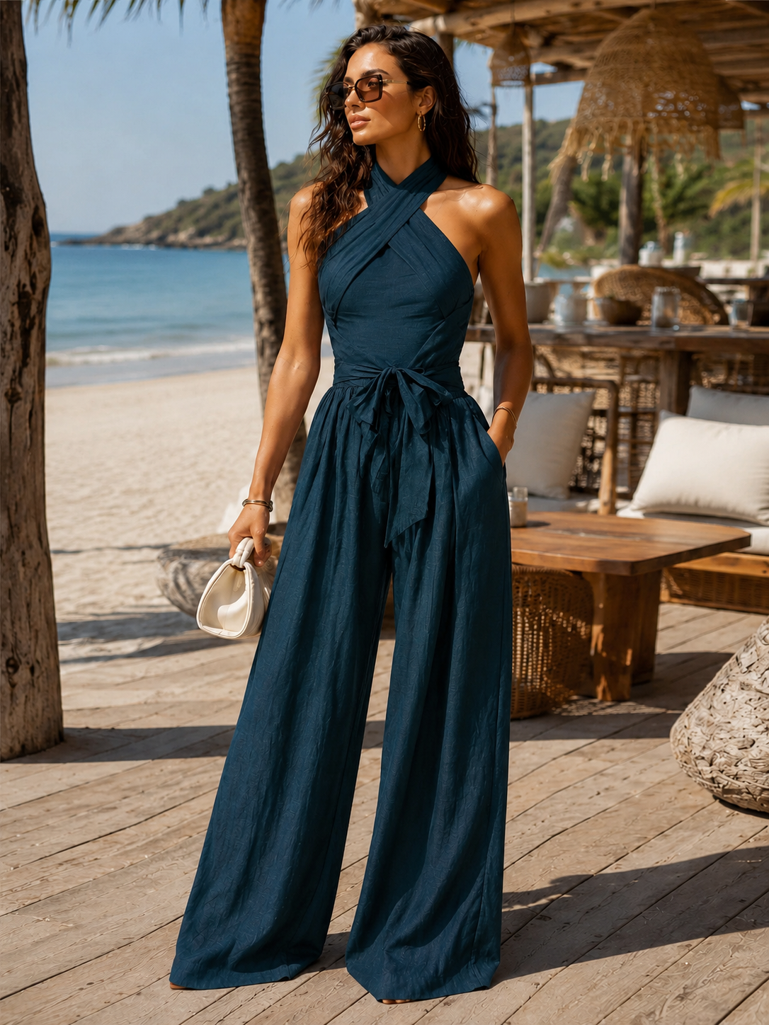 Lorena | Conjunto Top Halter de Lino y Pantalón Palazzo de Cintura Alta Mujer