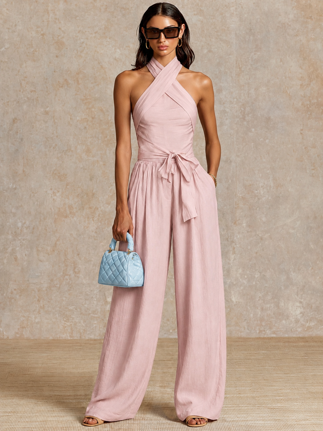 Lorena | Conjunto Top Halter de Lino y Pantalón Palazzo de Cintura Alta Mujer