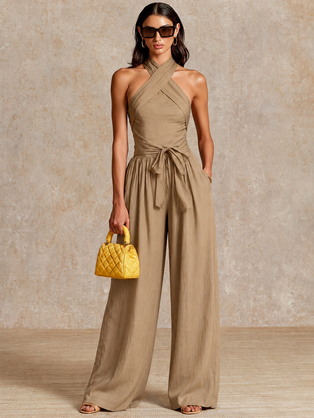 Lorena | Conjunto Top Halter de Lino y Pantalón Palazzo de Cintura Alta Mujer