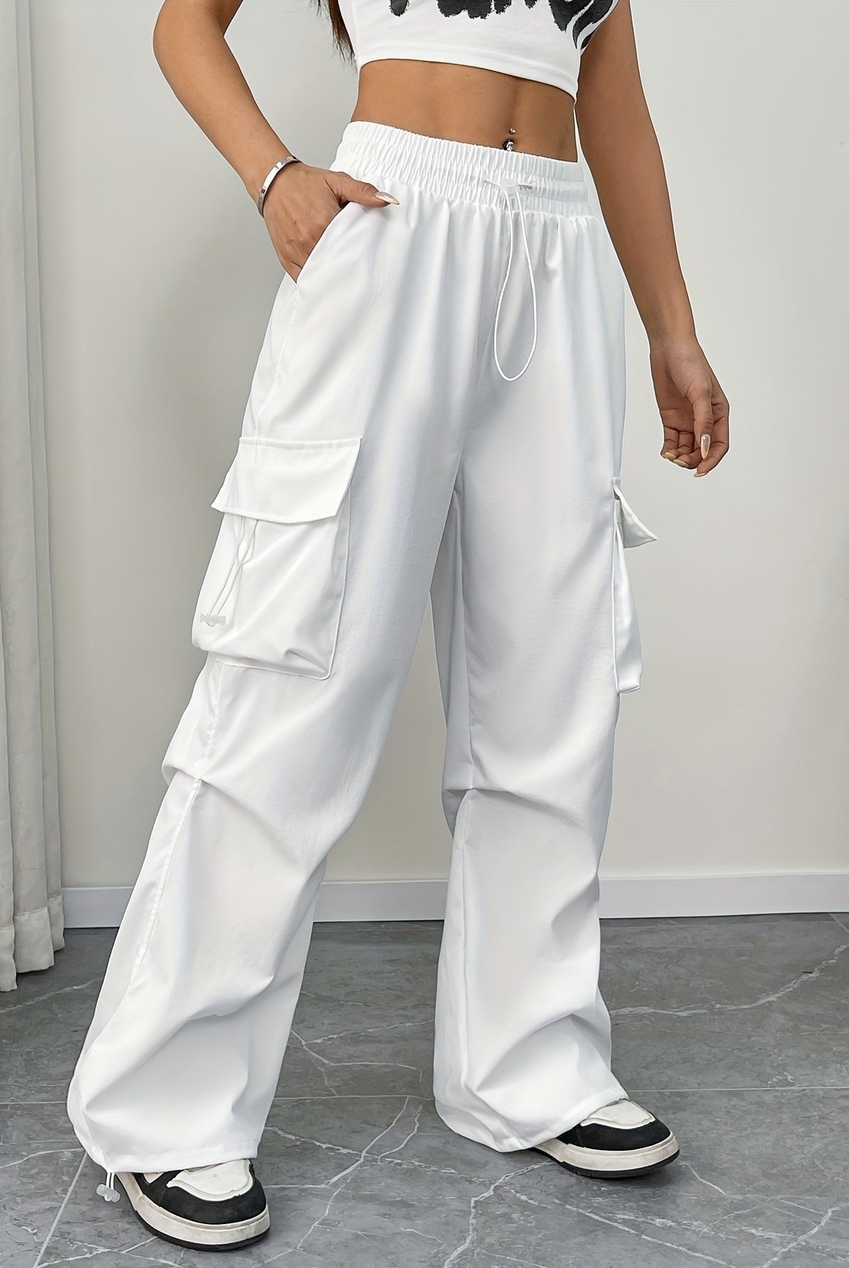 Abril | Pantalones Cargo Mujer Pierna Ancha Cintura Elástica Cordón