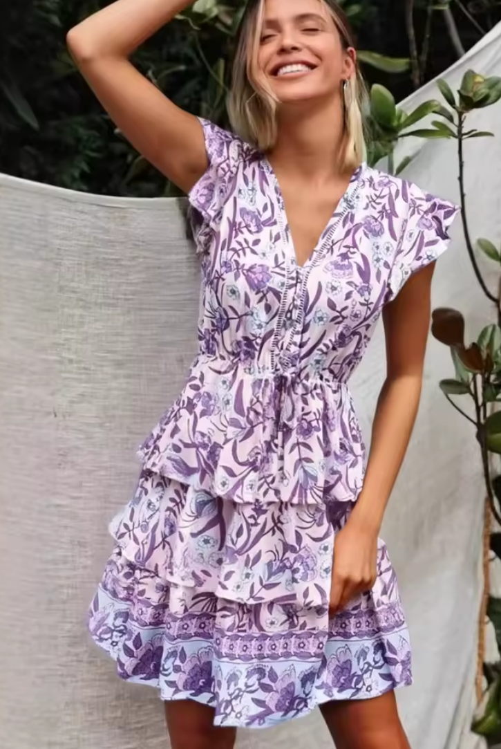 Abril | Vestido Corto de Verano con Volantes Mujer Escote V Estampado Floral