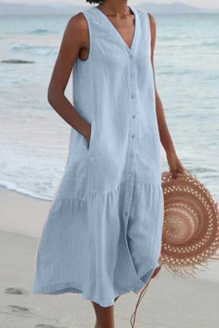 Abril | Vestido Midi Camisero Sin Mangas Mujer Botones Escote V
