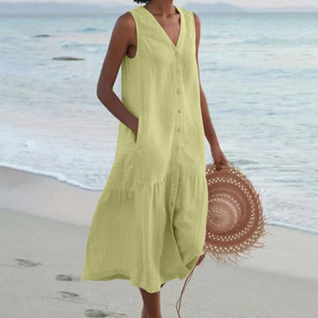 Abril | Vestido Midi Camisero Sin Mangas Mujer Botones Escote V