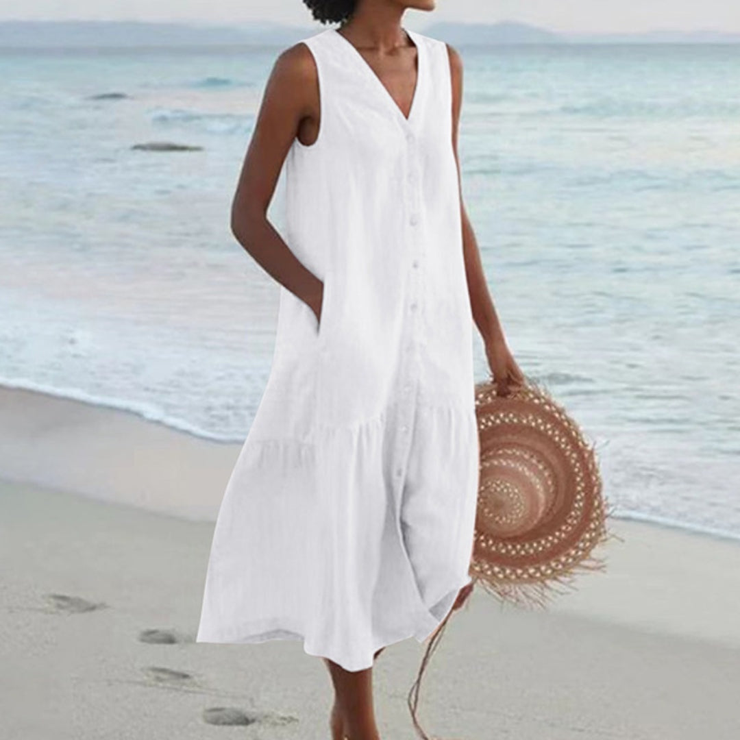 Abril | Vestido Midi Camisero Sin Mangas Mujer Botones Escote V