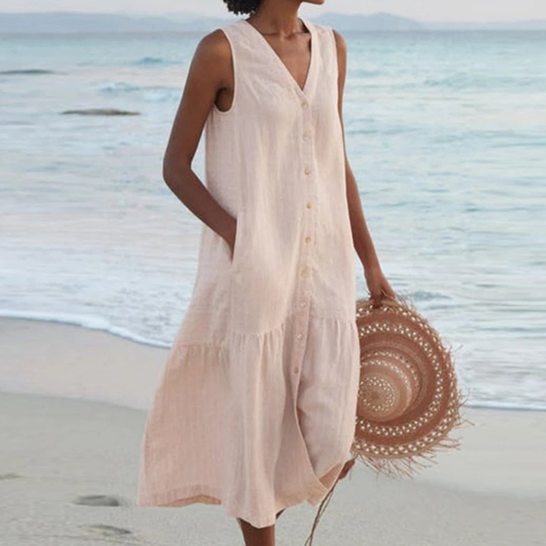 Abril | Vestido Midi Camisero Sin Mangas Mujer Botones Escote V
