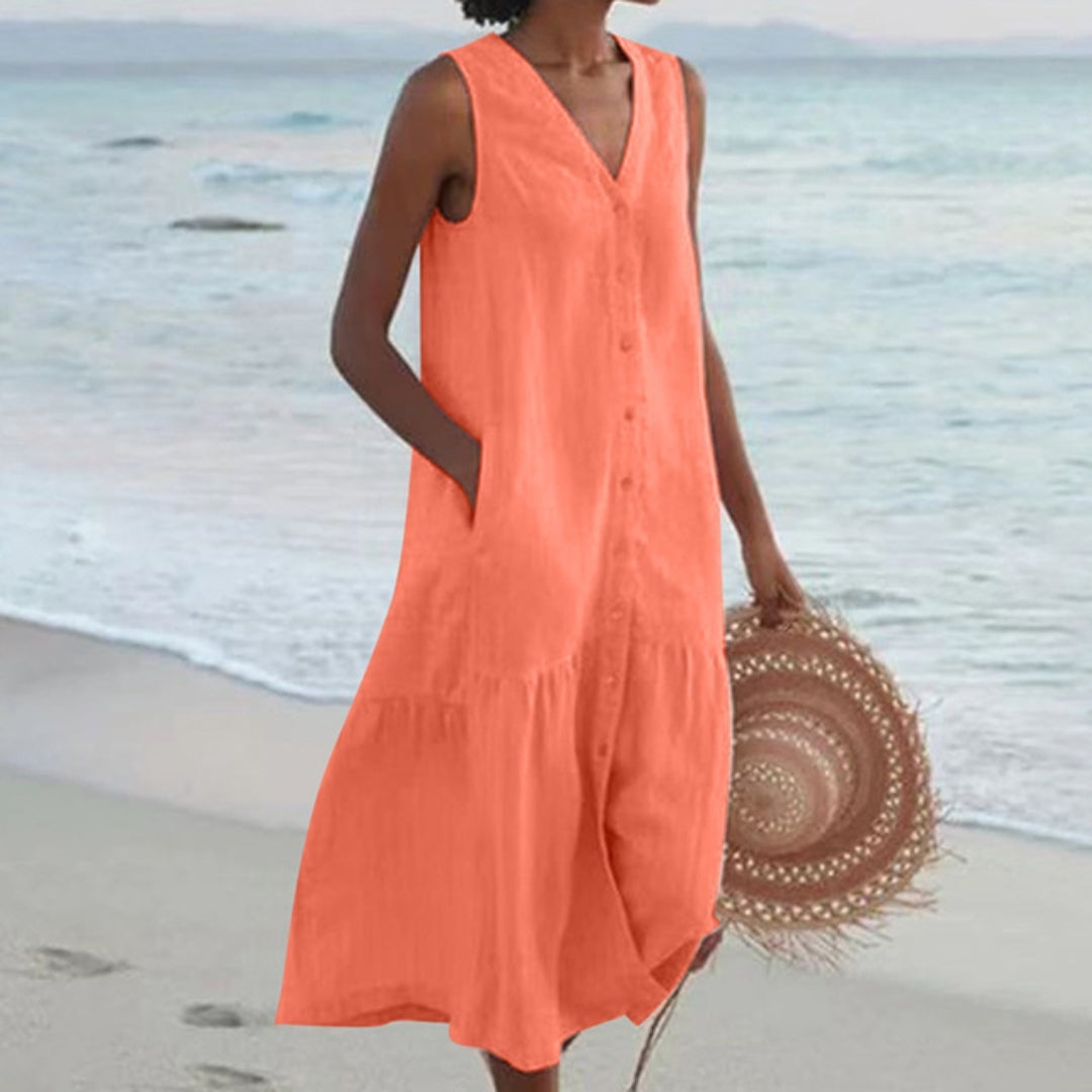 Abril | Vestido Midi Camisero Sin Mangas Mujer Botones Escote V