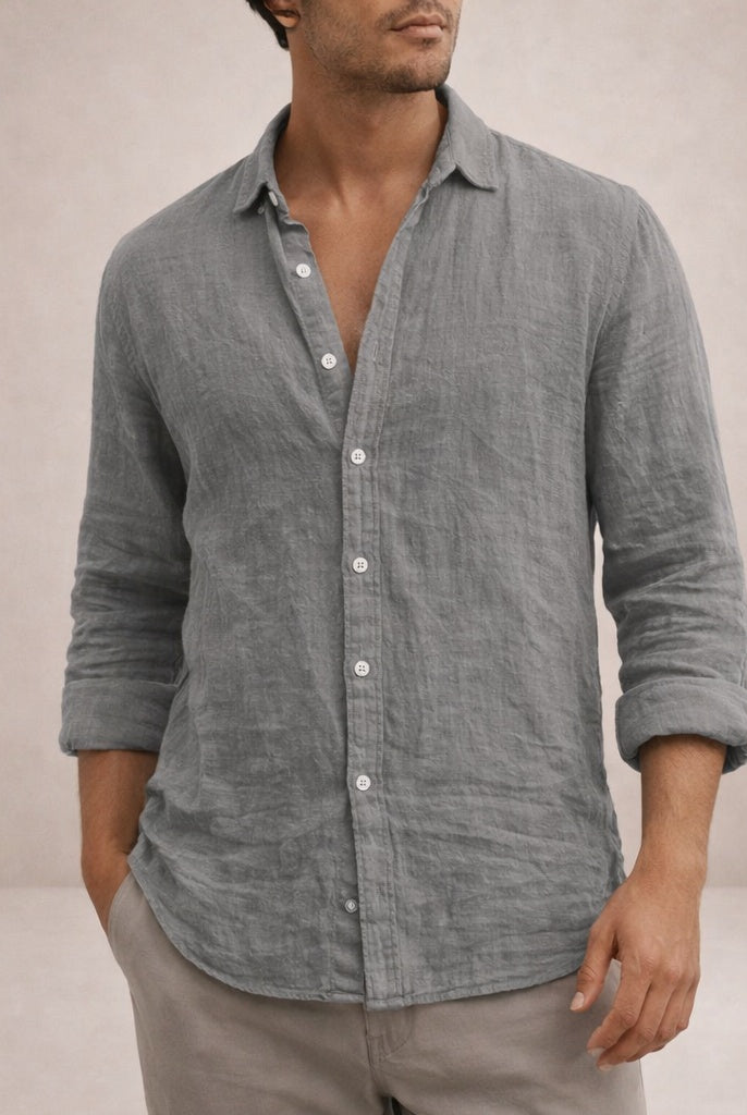 Adrián | Camisa de Lino de Manga Larga Hombre Cuello Abierto