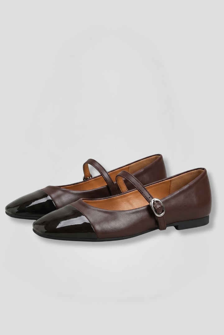 Adriana | Zapatos Mary Jane de Cuero Planos Mujer Hebilla Punta Contraste