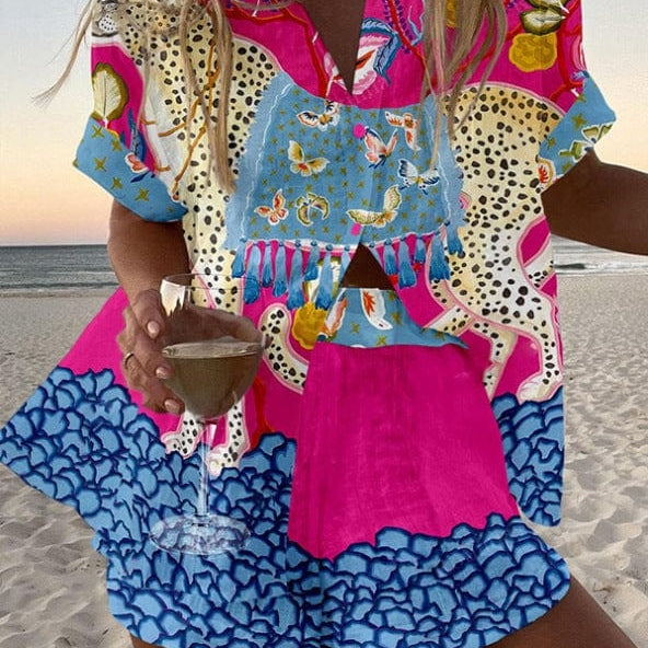 Alicia | Conjunto de Lino Estampado Tropical Mujer Camisa y Pantalón Corto