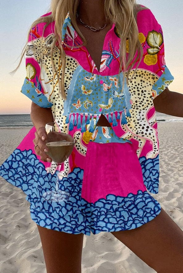 Alicia | Conjunto de Lino Estampado Tropical Mujer Camisa y Pantalón Corto