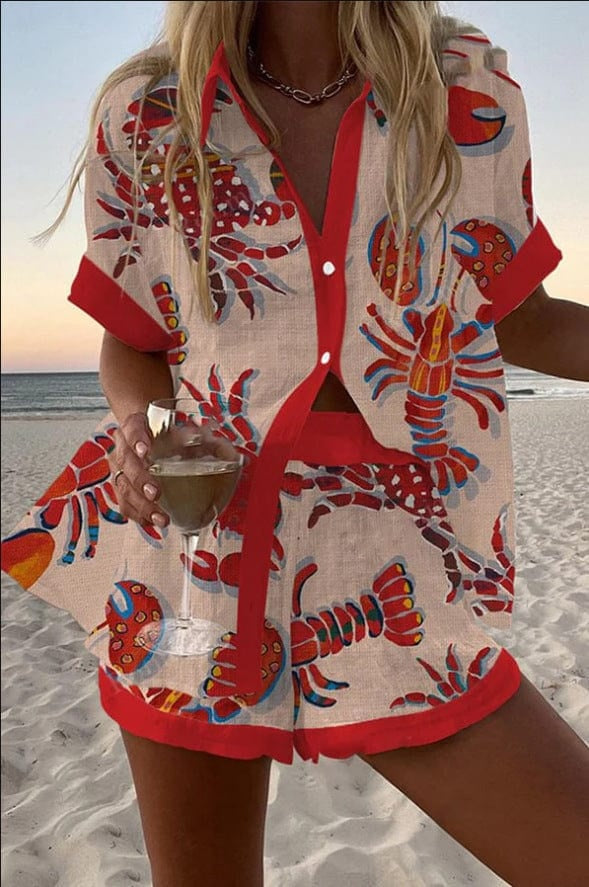 Alicia | Conjunto de Lino Estampado Tropical Mujer Camisa y Pantalón Corto