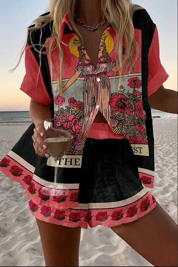 Alicia | Conjunto de Lino Estampado Tropical Mujer Camisa y Pantalón Corto