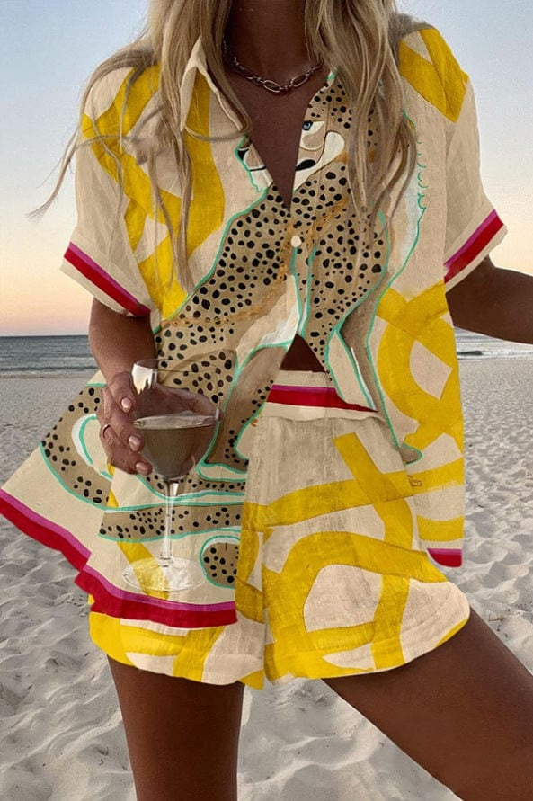 Alicia | Conjunto de Lino Estampado Tropical Mujer Camisa y Pantalón Corto
