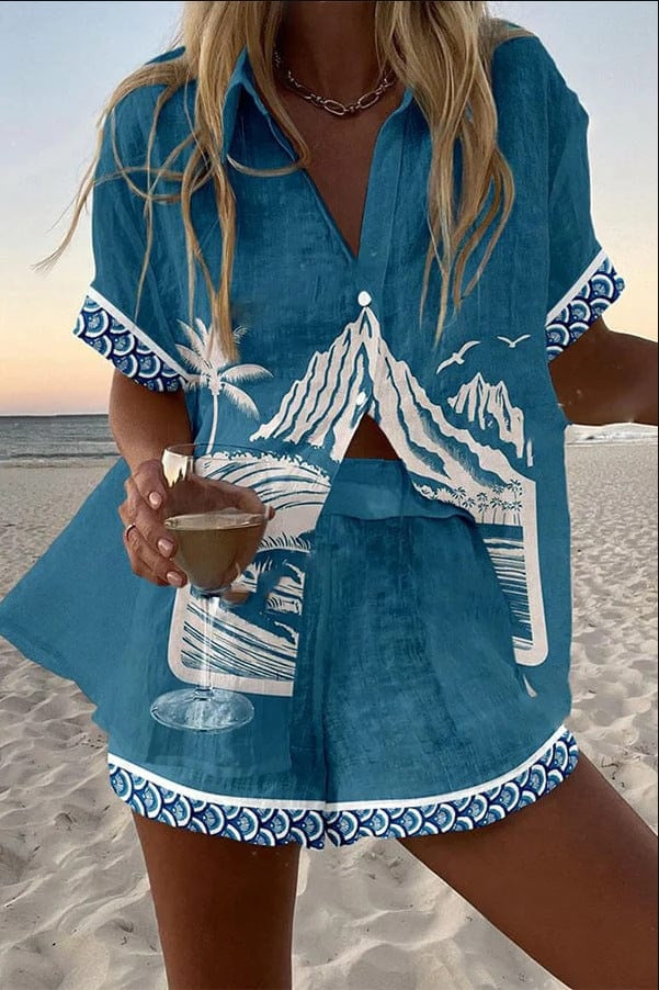 Alicia | Conjunto de Lino Estampado Tropical Mujer Camisa y Pantalón Corto