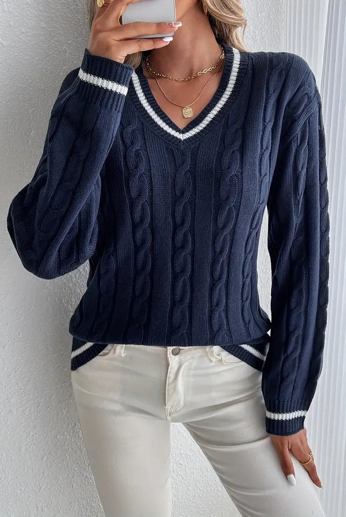 Alma | Jersey de Punto Cableado Mujer Escote V Rayas