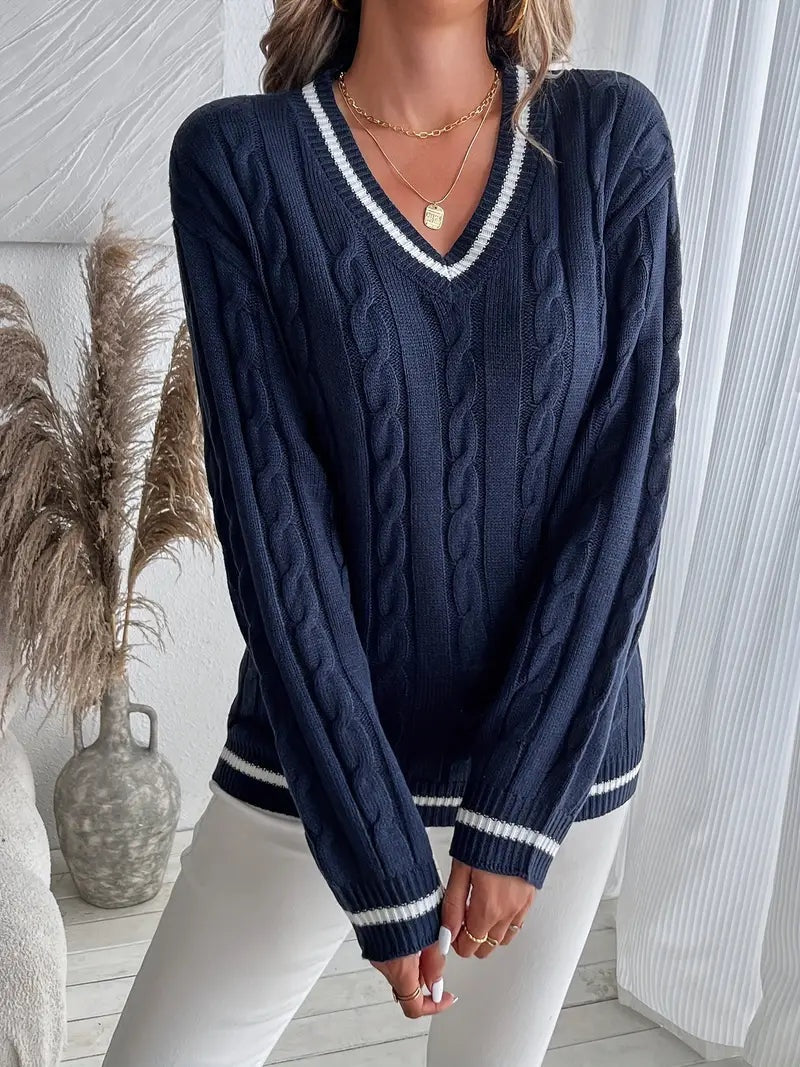 Alma | Jersey de Punto Cableado Mujer Escote V Rayas