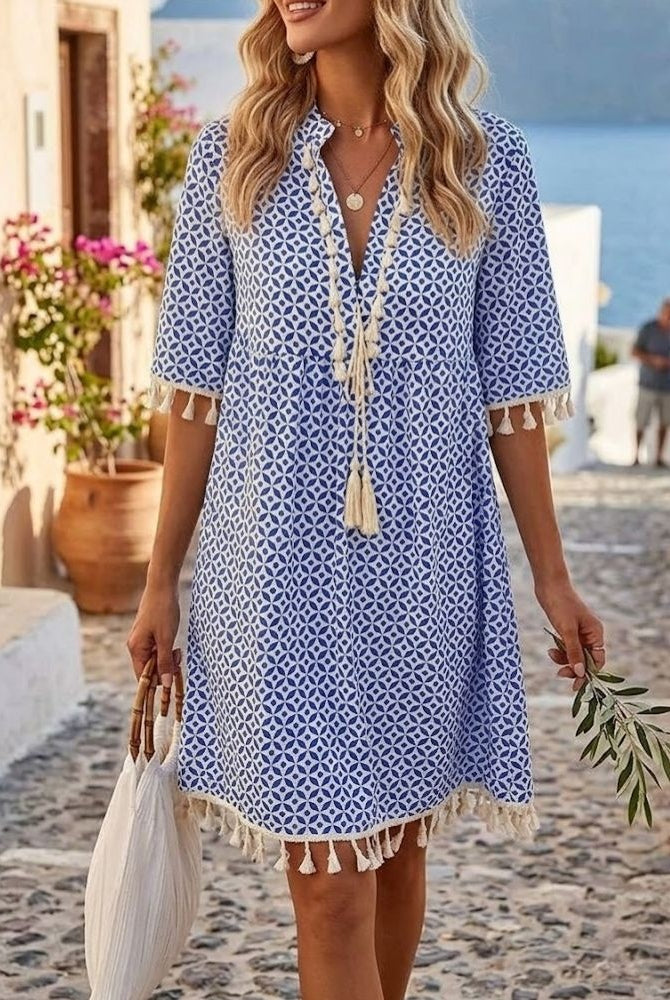 Alma | Vestido Corto de Verano Mujer Estampado Geométrico Flecos