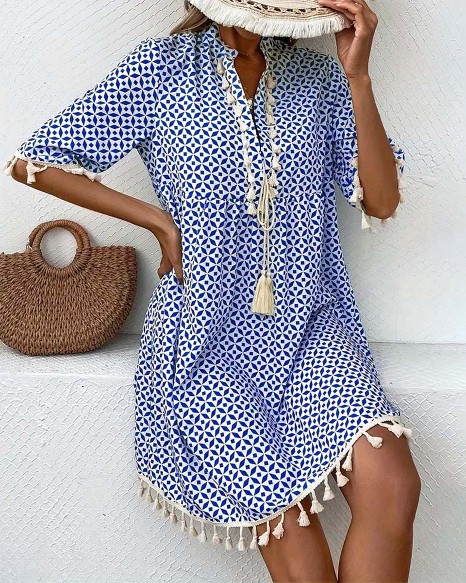 Alma | Vestido Corto de Verano Mujer Estampado Geométrico Flecos