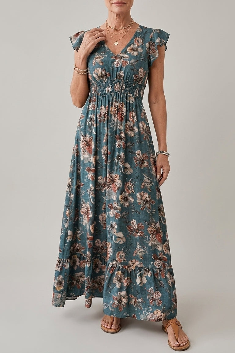 Alma | Vestido Largo Floral con Volantes Mujer Escote V Fruncido