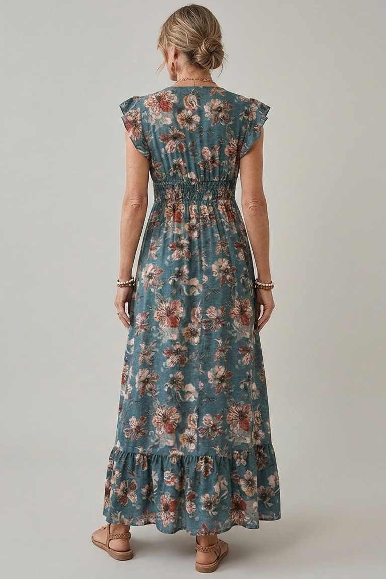 Alma | Vestido Largo Floral con Volantes Mujer Escote V Fruncido