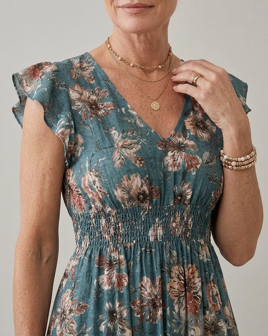 Alma | Vestido Largo Floral con Volantes Mujer Escote V Fruncido