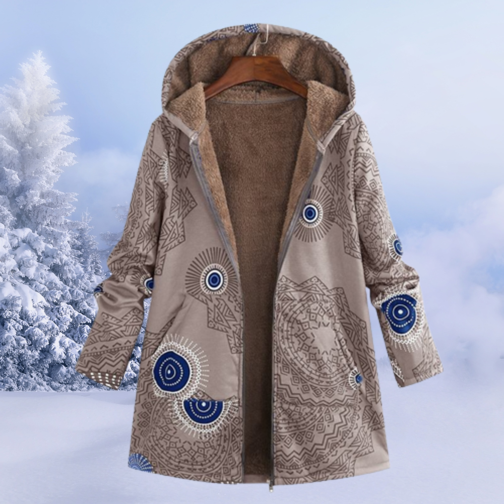 Amaia | Chaqueta de Borreguito Estampada Mujer Larga con Capucha
