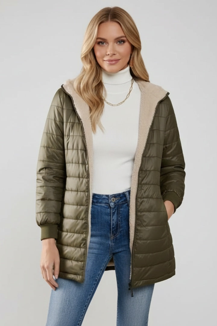 Amaia | Chaquetón Acolchado Largo Mujer con Capucha Forro Sherpa