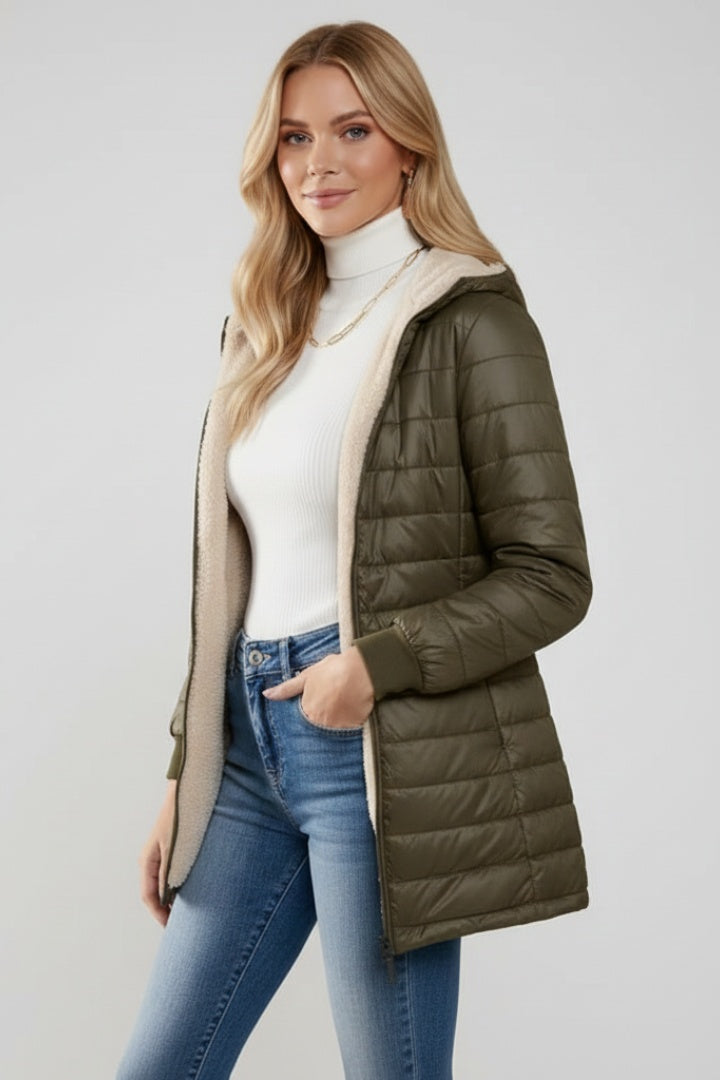 Amaia | Chaquetón Acolchado Largo Mujer con Capucha Forro Sherpa