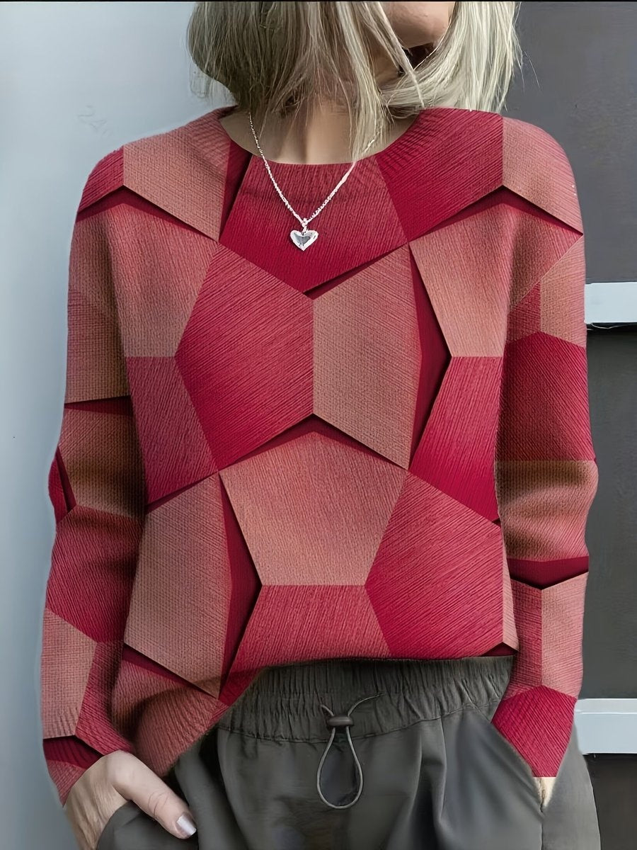 Amaia | Jersey Fino Estampado Geométrico Mujer Manga Larga Cuello Redondo