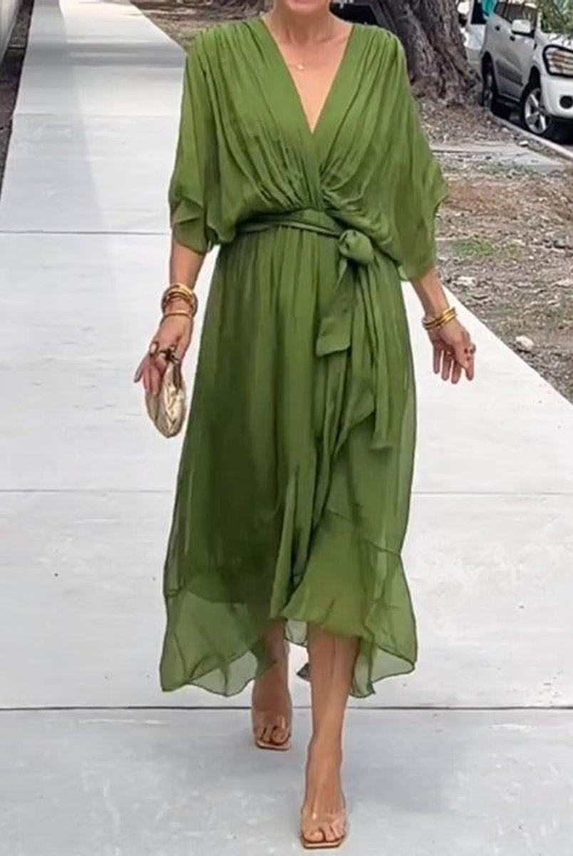 Amaia | Vestido Midi Drapeado Asimétrico de Gasa Mujer Escote V Cinturón