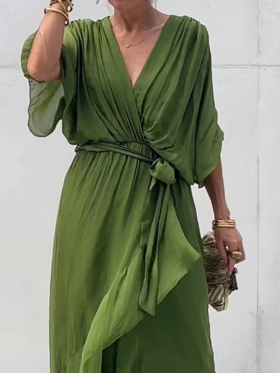 Amaia | Vestido Midi Drapeado Asimétrico de Gasa Mujer Escote V Cinturón