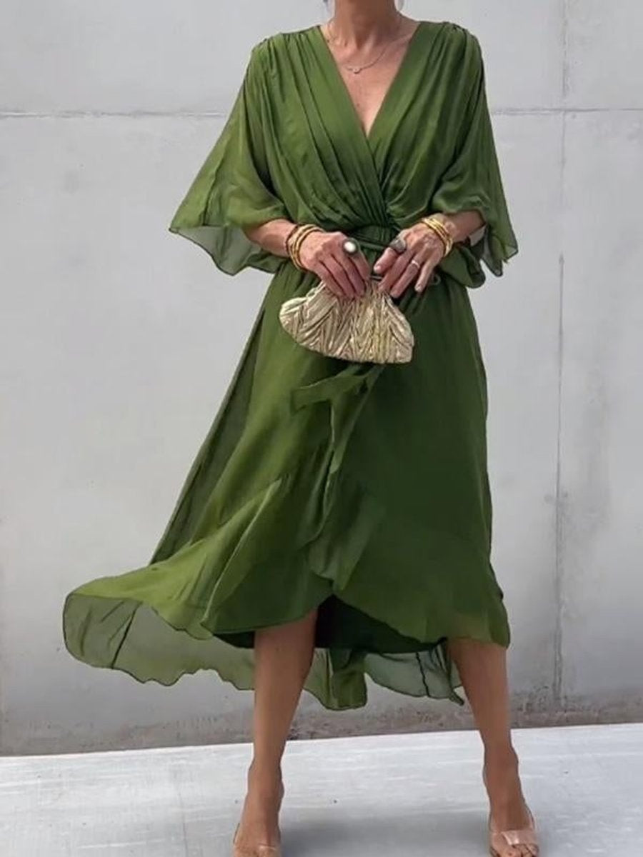Amaia | Vestido Midi Drapeado Asimétrico de Gasa Mujer Escote V Cinturón