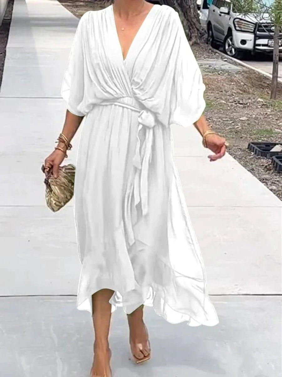 Amaia | Vestido Midi Drapeado Asimétrico de Gasa Mujer Escote V Cinturón