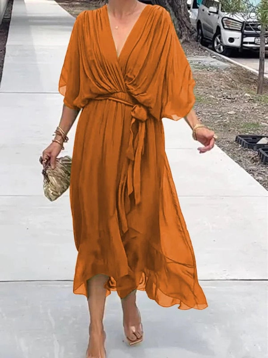 Amaia | Vestido Midi Drapeado Asimétrico de Gasa Mujer Escote V Cinturón