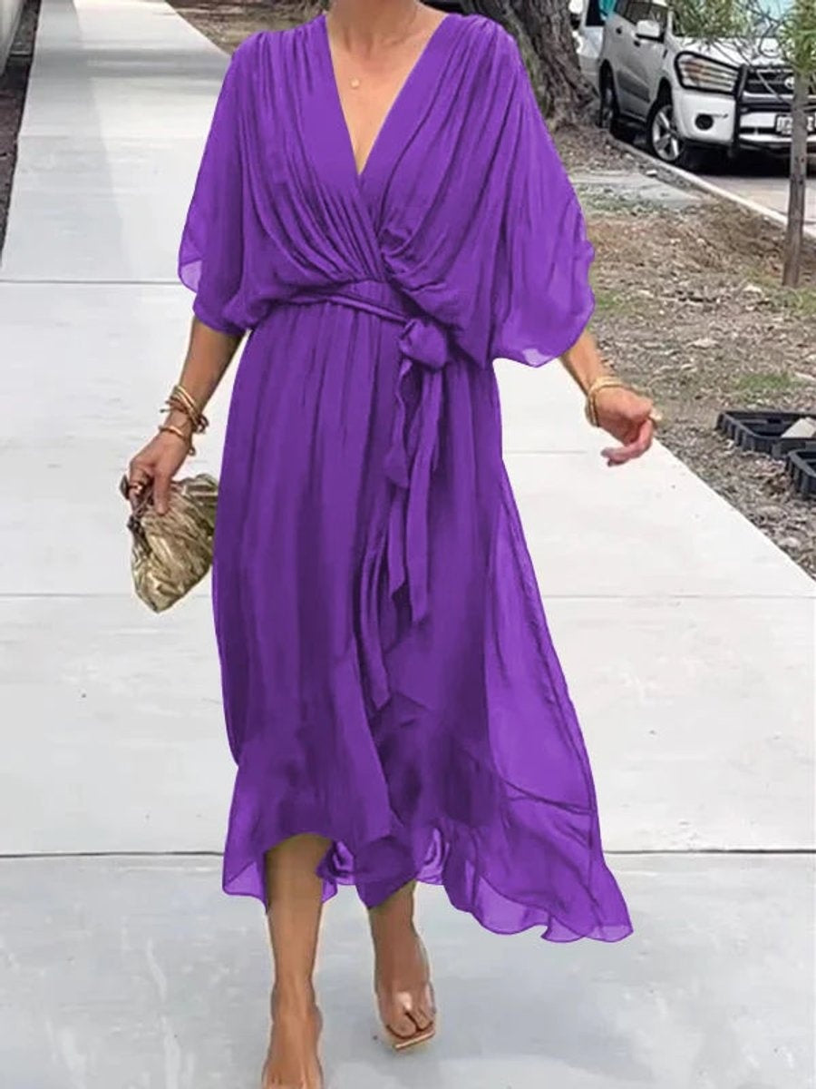 Amaia | Vestido Midi Drapeado Asimétrico de Gasa Mujer Escote V Cinturón