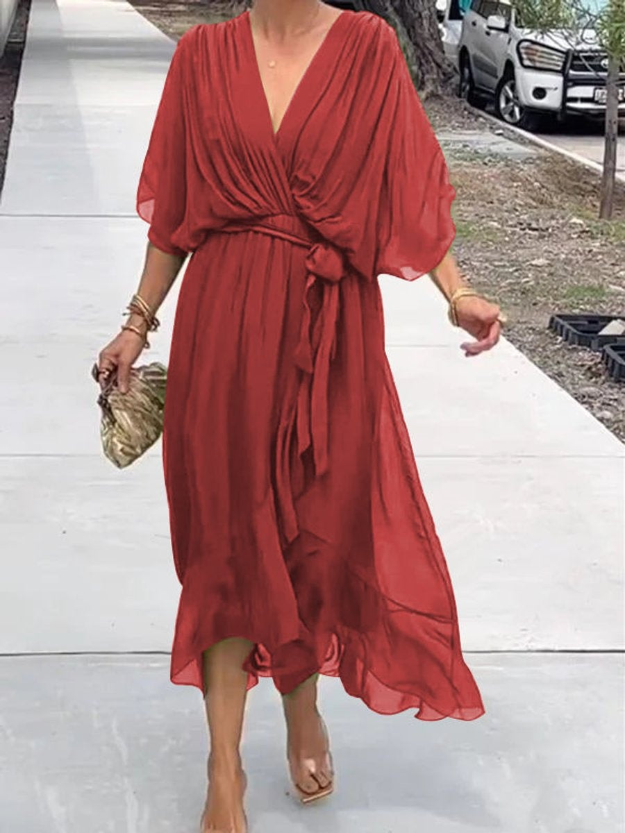Amaia | Vestido Midi Drapeado Asimétrico de Gasa Mujer Escote V Cinturón