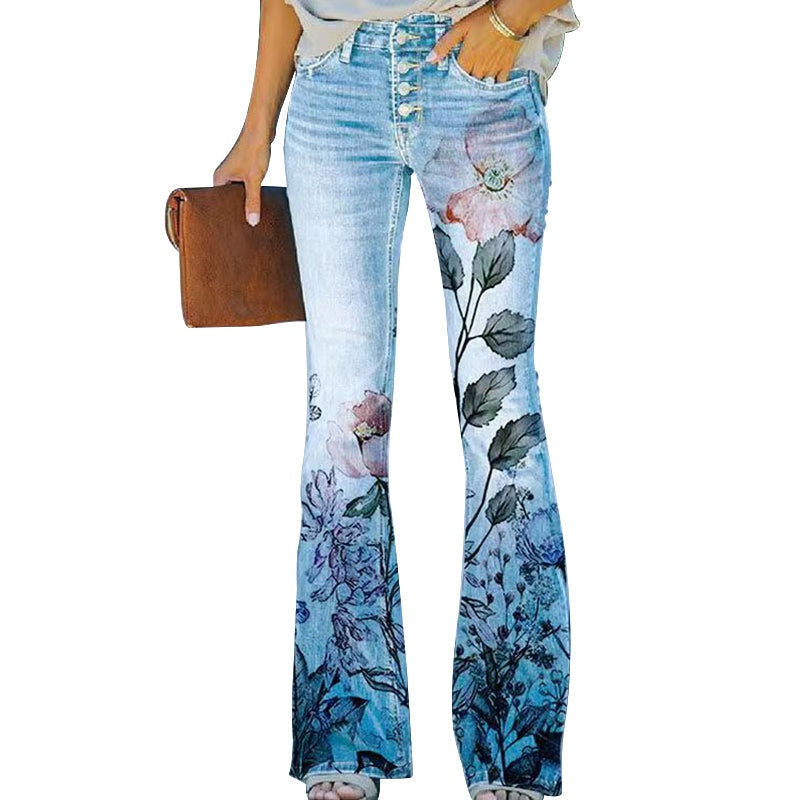 Ariadna | Jeans Flare Estampado Floral Mujer Cintura Alta