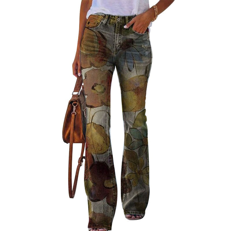Ariadna | Jeans Flare Estampado Floral Mujer Cintura Alta