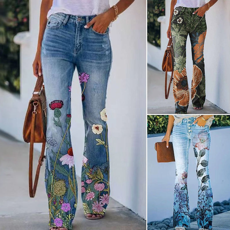 Ariadna | Jeans Flare Estampado Floral Mujer Cintura Alta