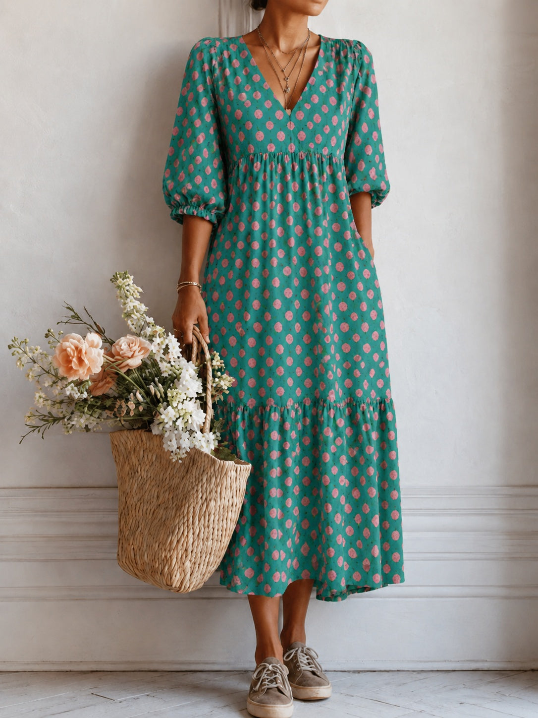 Ariadna | Vestido Floral Mujer Escote V Manga Abullonada