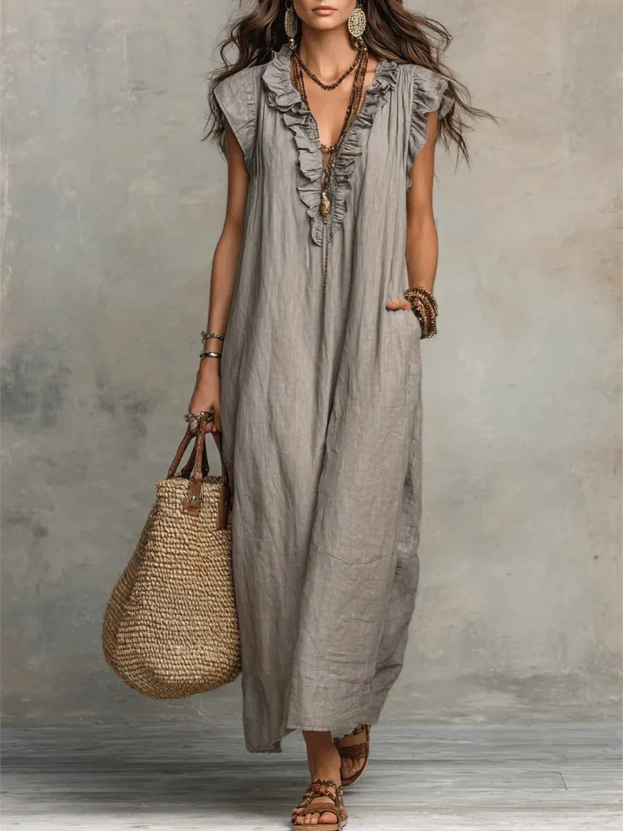 Ariadna | Vestido Largo con Volantes Boho Mujer Sin Mangas Bolsillos
