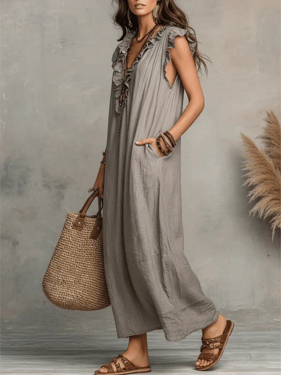 Ariadna | Vestido Largo con Volantes Boho Mujer Sin Mangas Bolsillos