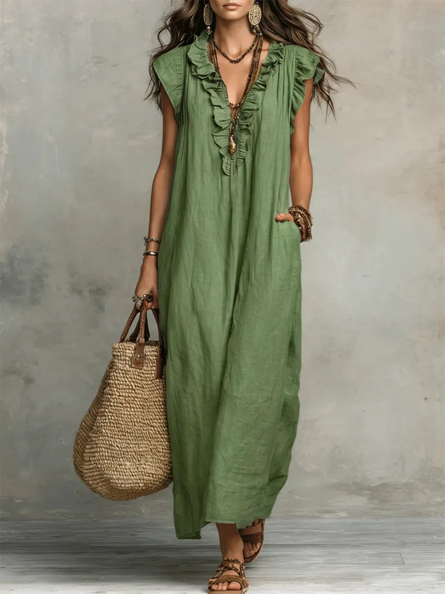 Ariadna | Vestido Largo con Volantes Boho Mujer Sin Mangas Bolsillos