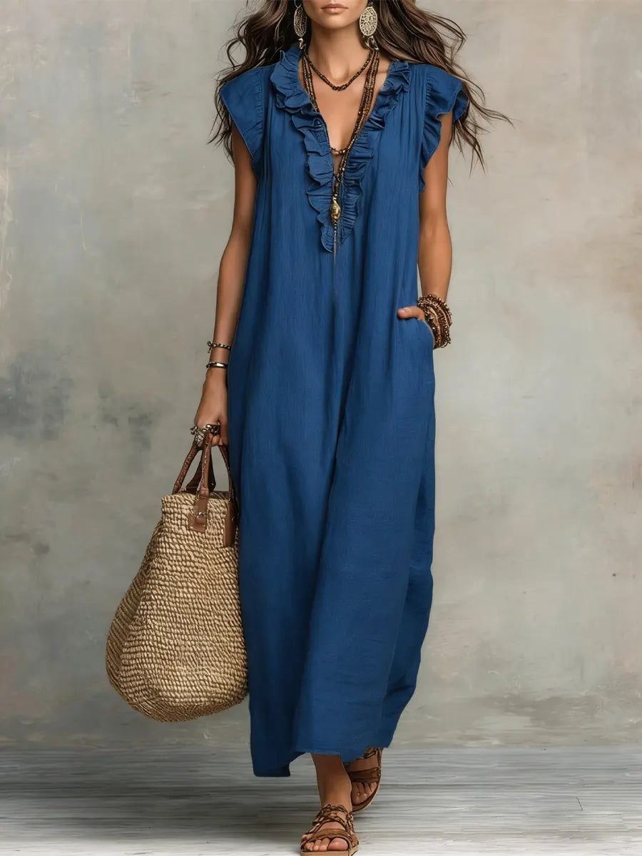 Ariadna | Vestido Largo con Volantes Boho Mujer Sin Mangas Bolsillos