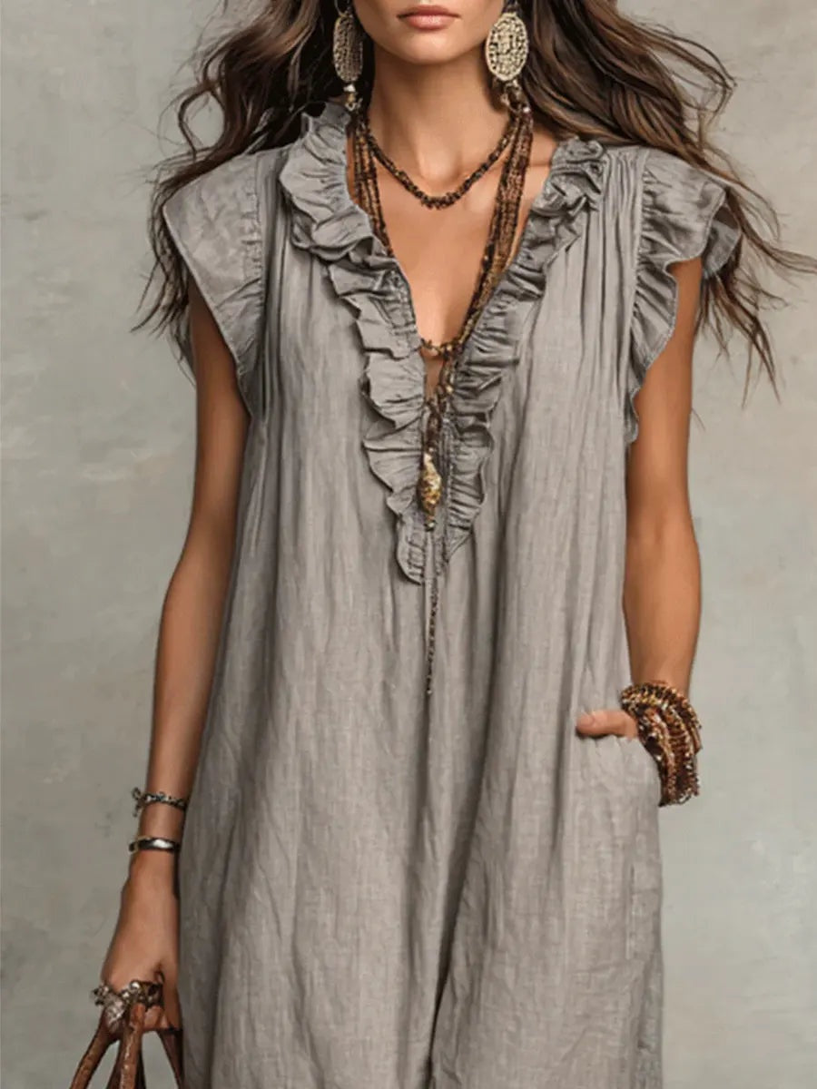Ariadna | Vestido Largo con Volantes Boho Mujer Sin Mangas Bolsillos