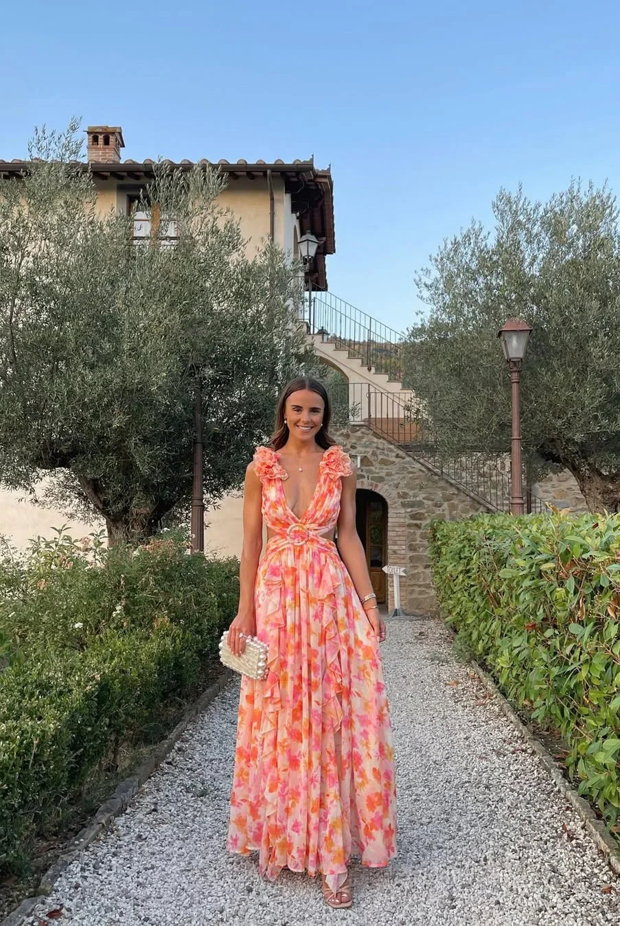 Ariadna | Vestido Largo de Invitada Estampado Floral Mujer Escote V Volantes