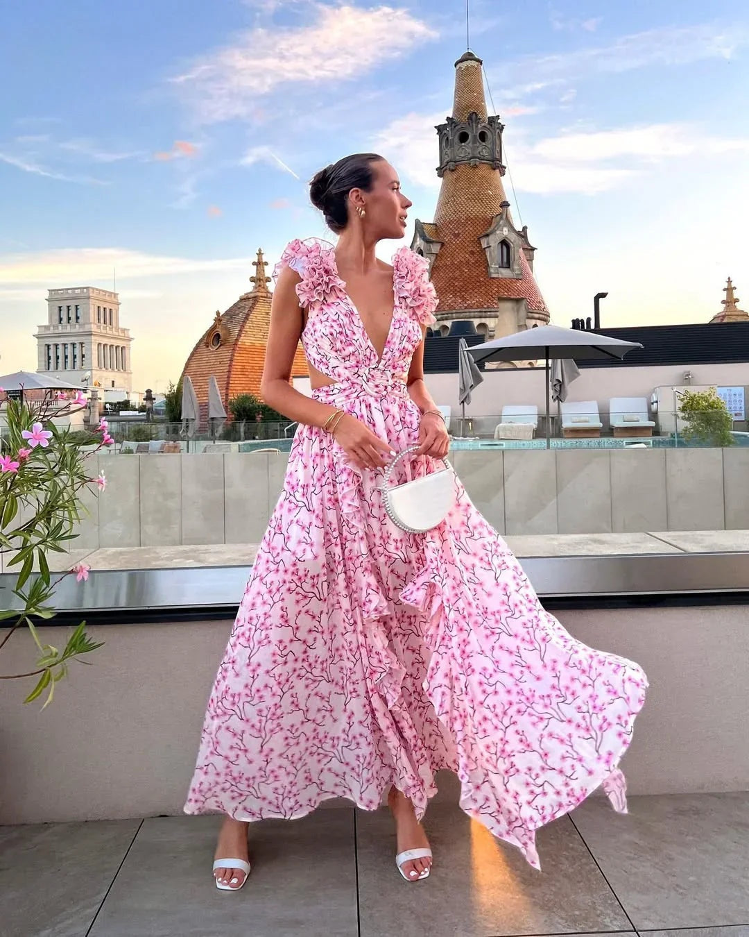 Ariadna | Vestido Largo de Invitada Estampado Floral Mujer Escote V Volantes