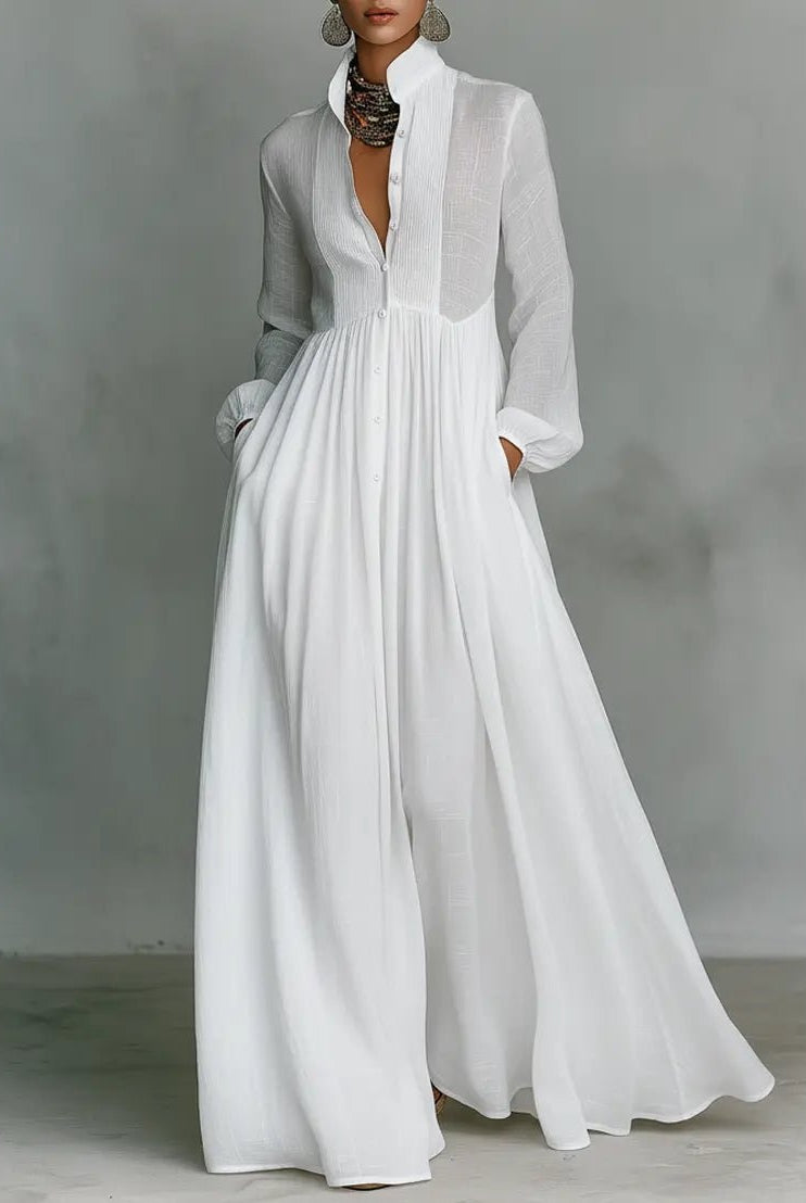 Ariadna | Vestido Largo de Novia Sencillo Mujer Manga Larga Botones